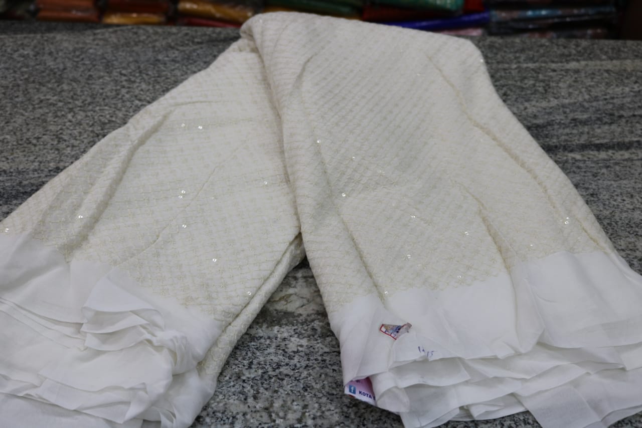 GEORGATTE DYEBLE RUNNING MATERIAL.   USE FOR LONG FROCK ,FROCK,CHUNNI,DUPATTA,BLOUSE,GROWN,SAREE,TOP, ETC.... Quantity 1 = 1mtr, Quantity 2= 2mtr..... Colors: WHITE. Width: 45 INCH No Return / No Exchange on fabrics Per mtr weight 150 gm approx.