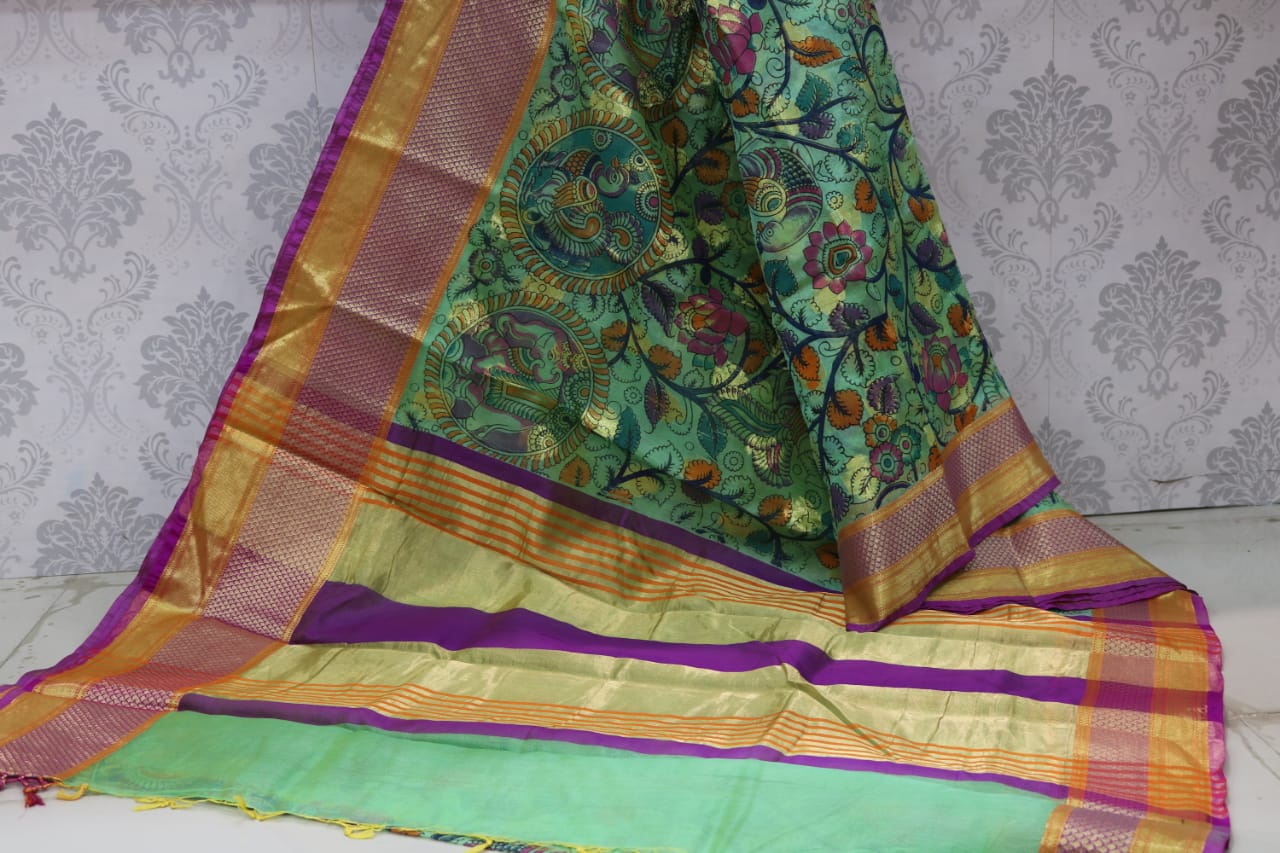 8 INCHES JARI BORDER CHANDERI SAREE WITH PINTE .